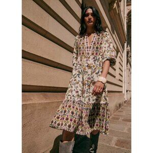 NWOT Sézane Boheme Ecru Arabesque Flower Midi Dress 100% Viscose Size 44